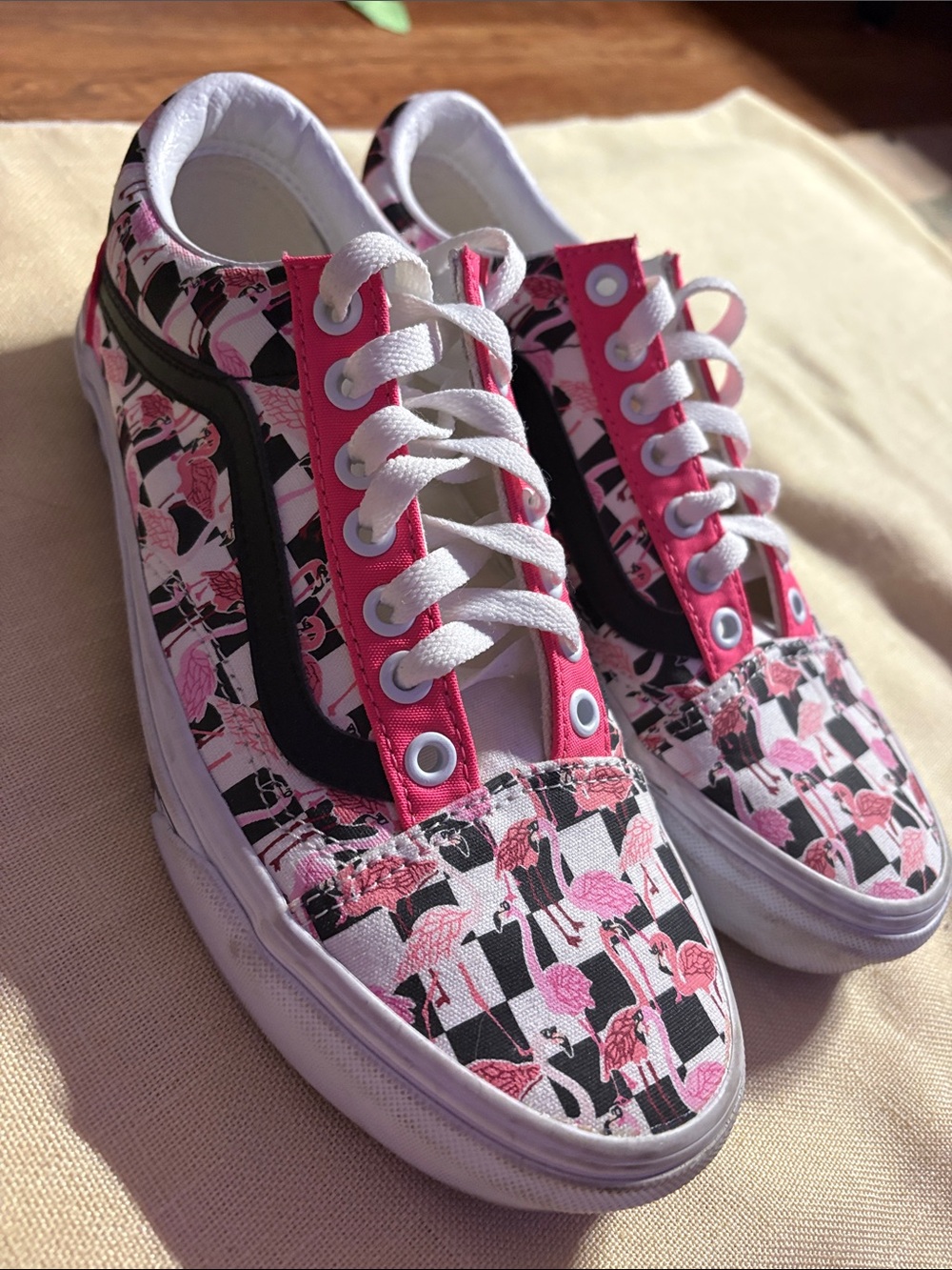 Vans Women's Pink Black & White Flamingo Pattern Low-Top Sneakers